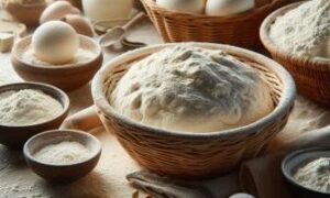 Massa de pão fermentando em uma cesta sobre uma mesa